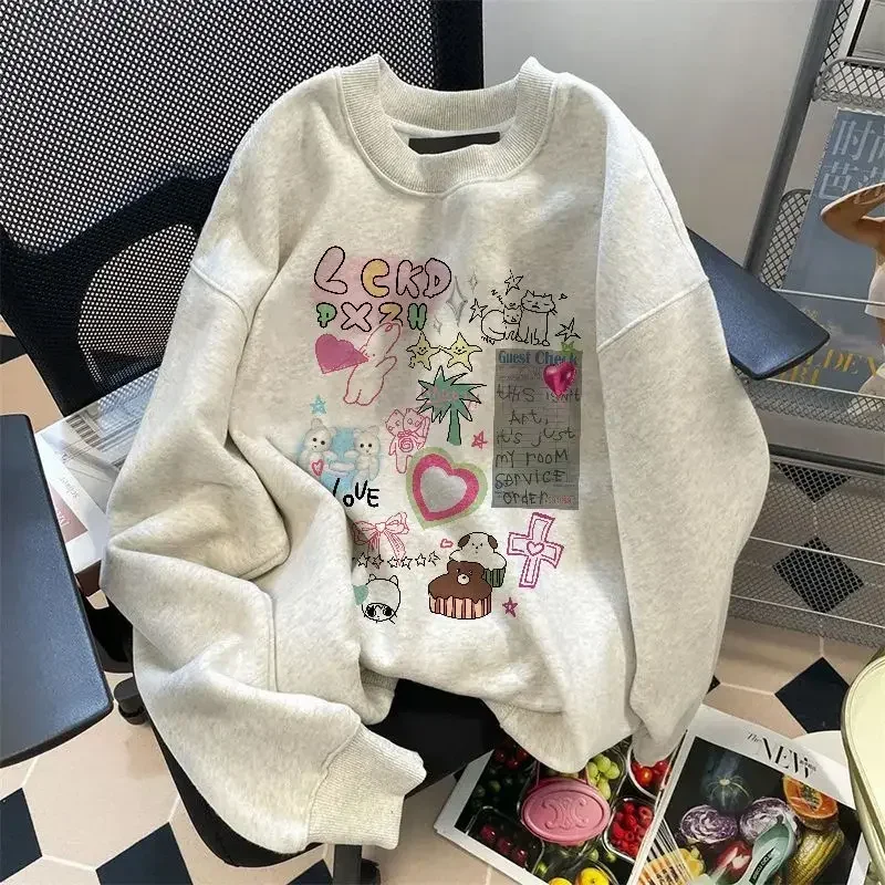 American Letter Kawaii Print Vintage O Neck Loose Hoodies Fleece Women Long Sleeve Gray Sweatshirts Harajuku Y2k Sudaderas