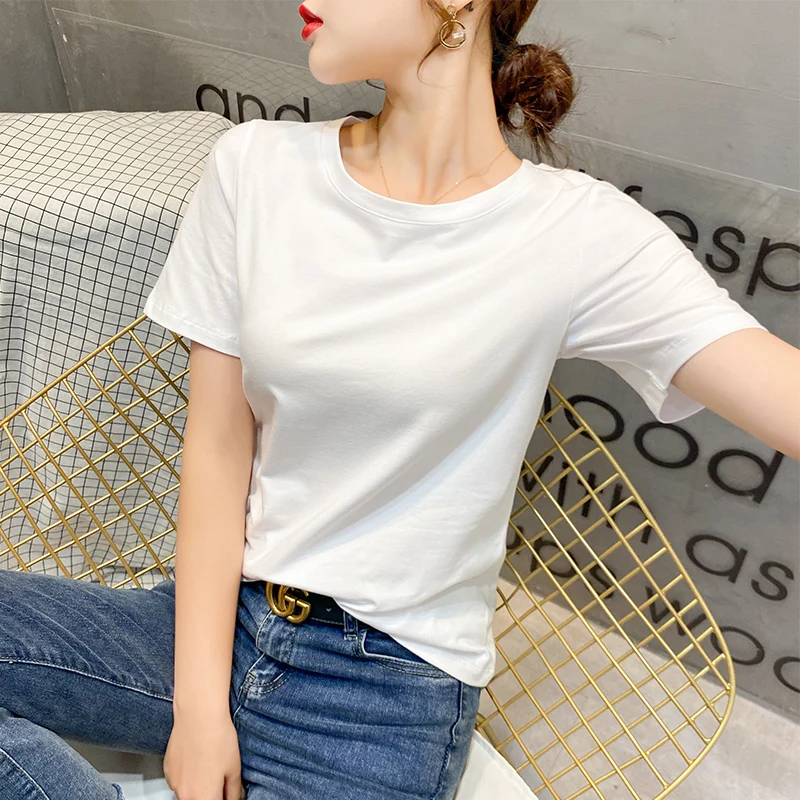 Cotton White T-shirt Women Short Sleeve Loose Thin Section Bottom Shirt Inside Solid Color Slim Tops Blouse