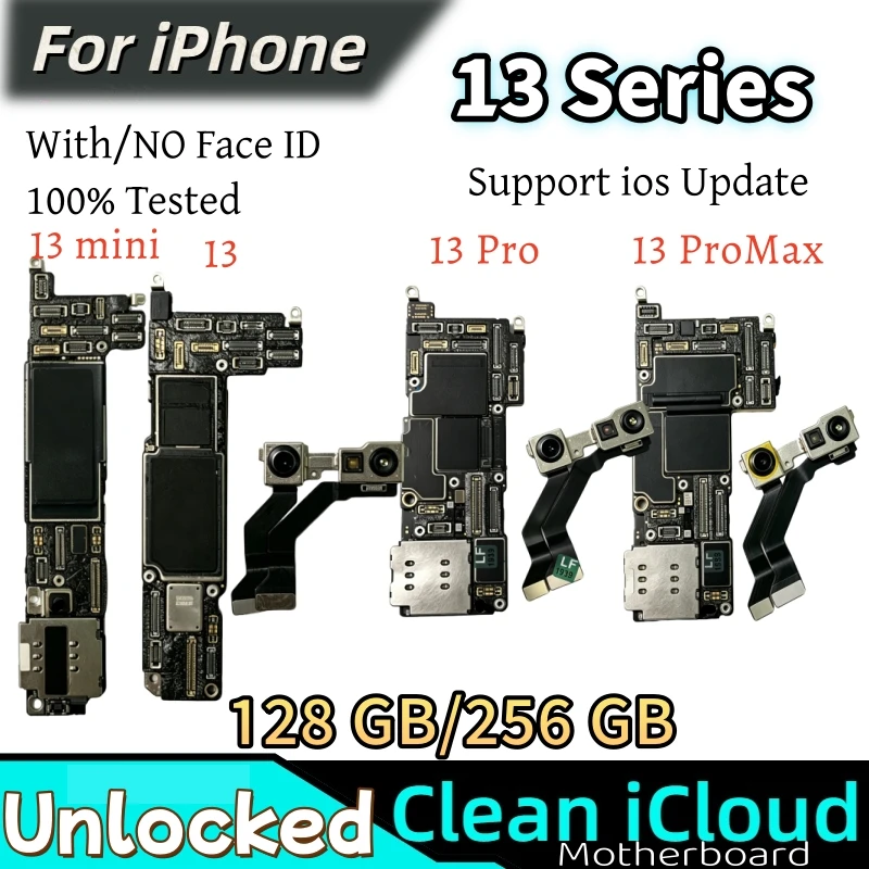 Placa base auténtica 100% desbloqueada para iPhone 13 Pro Max, placa base con/sin identificación facial para iPhone 13 mini, placa lógica iCloud limpia