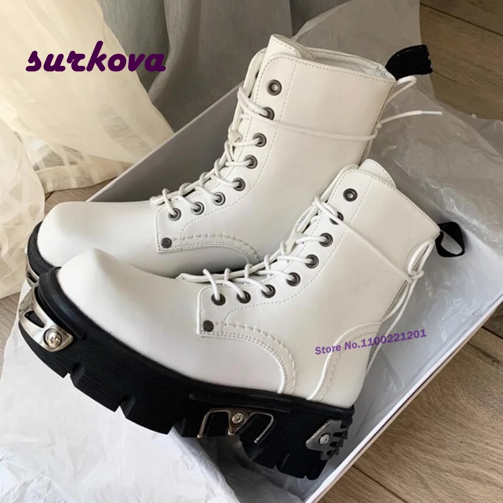 

White Motorcycle Boots Women's Versatile British Style Plush Thick Sole Height Increasing Cross Tied Lace Up Ankle Boots Luxury