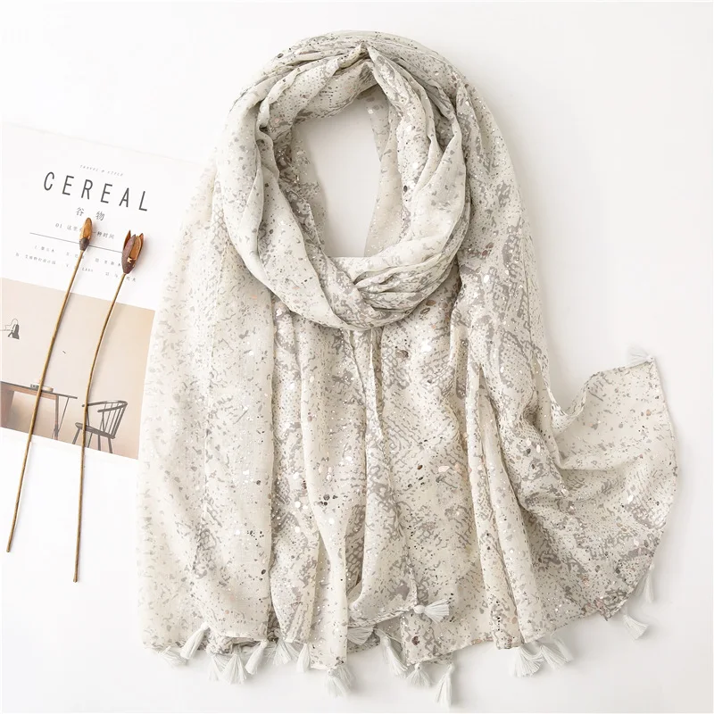 

New Printed Snake Skin Scarf for Women Spring Summer European American Silver Foil Shiny Shawl Cotton Linen Scarf