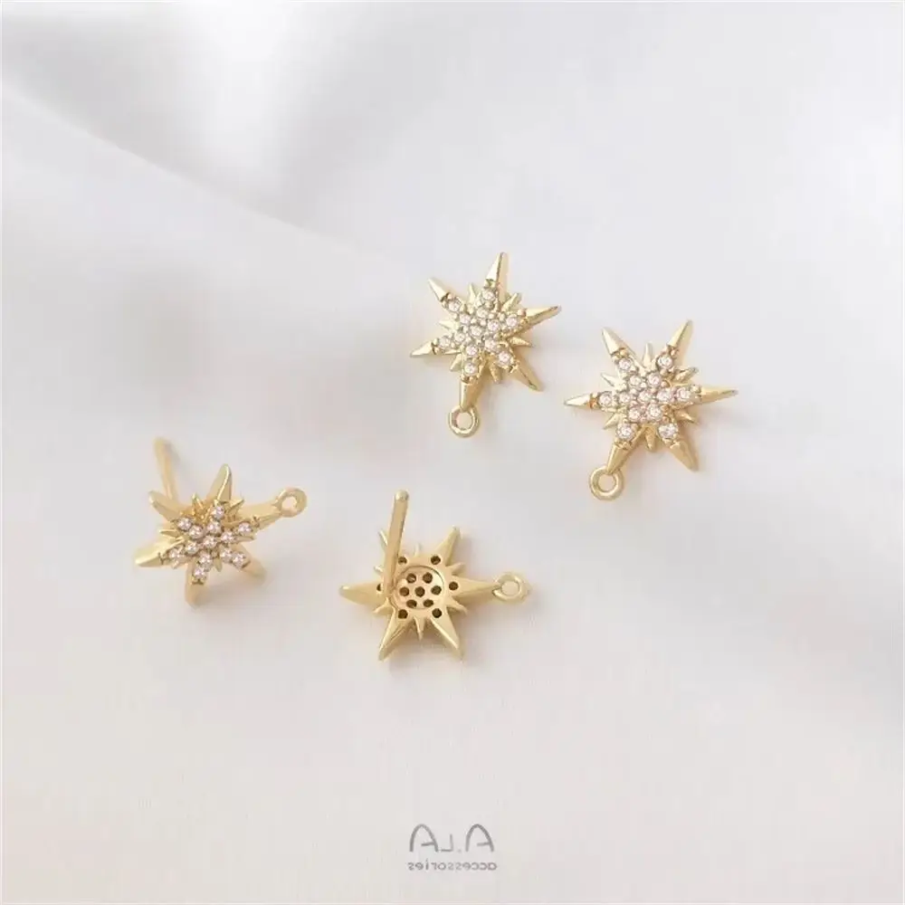 

14K Gold Micro Inlaid Zircon Six Pointed Star with Hanging Rings DIY Earrings 925 Silver Needle Ear Jewelry Earring Accessories