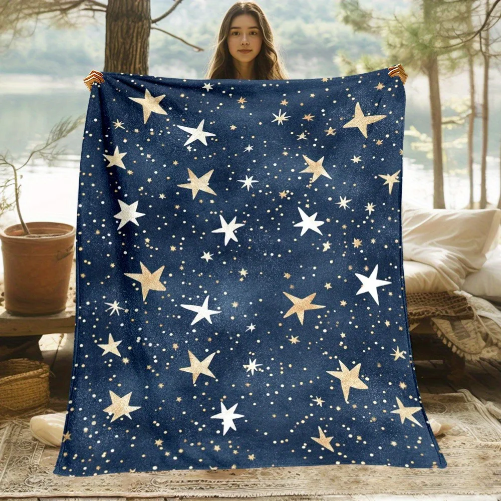 Navy Blue Gold Star Print Fleece Blanket Soft Warm Galaxy Starry Sky Throw Blanket for Bedroom Living Room Travel Camping Multi-