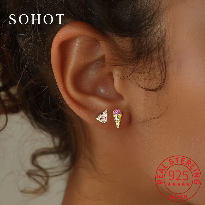 

Real 925 Sterling Silver Colorful Minimalist Plant Zircon Tiny Stud Earrings for Charm Women Cute Fine Jewelry Food Accessories