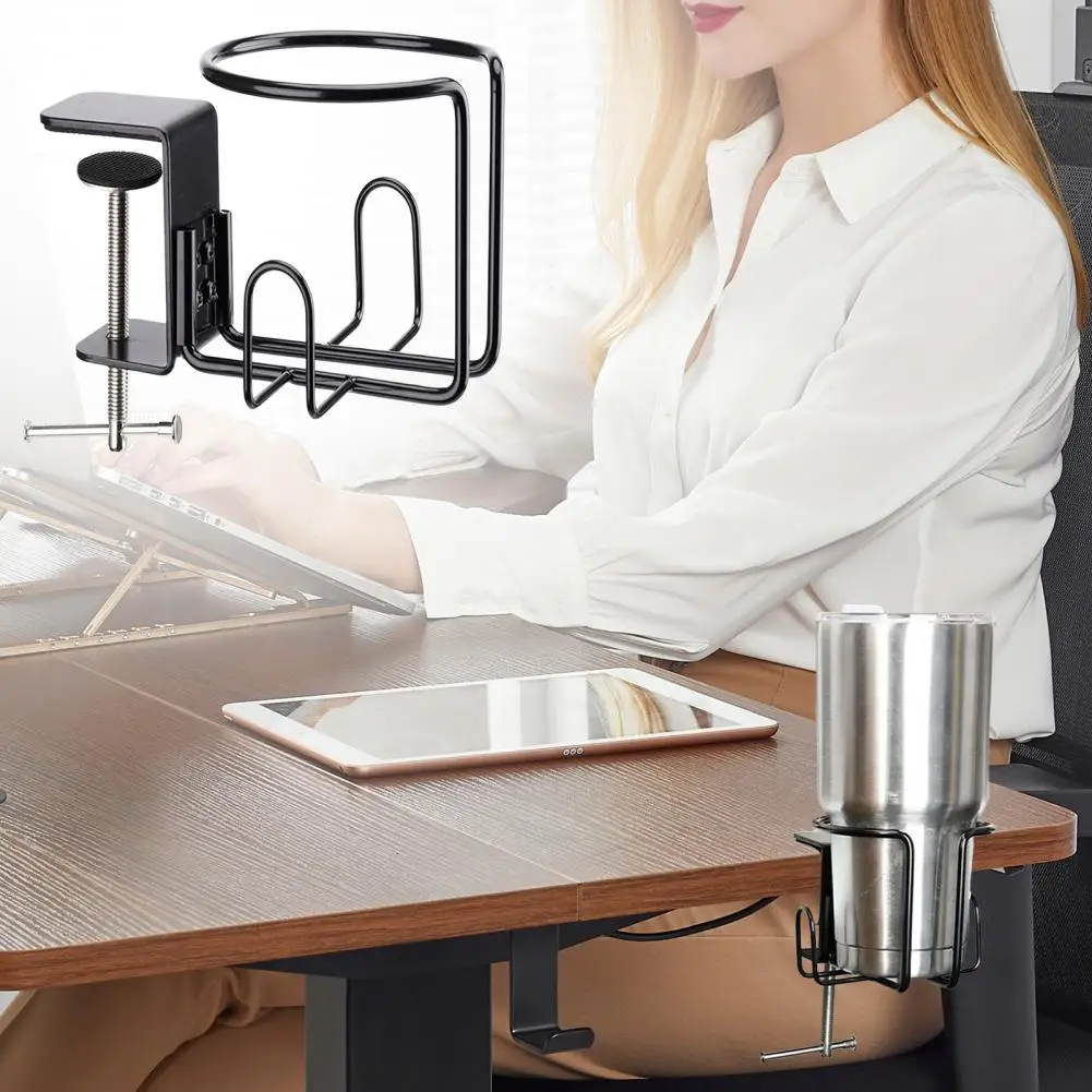 Desk Cup Holder Anti-Spill Clip-On Table Drink Holder Sturdy Clamp for Lawn Chair Stainless Steel Horizontal/Vertical Cup Mount