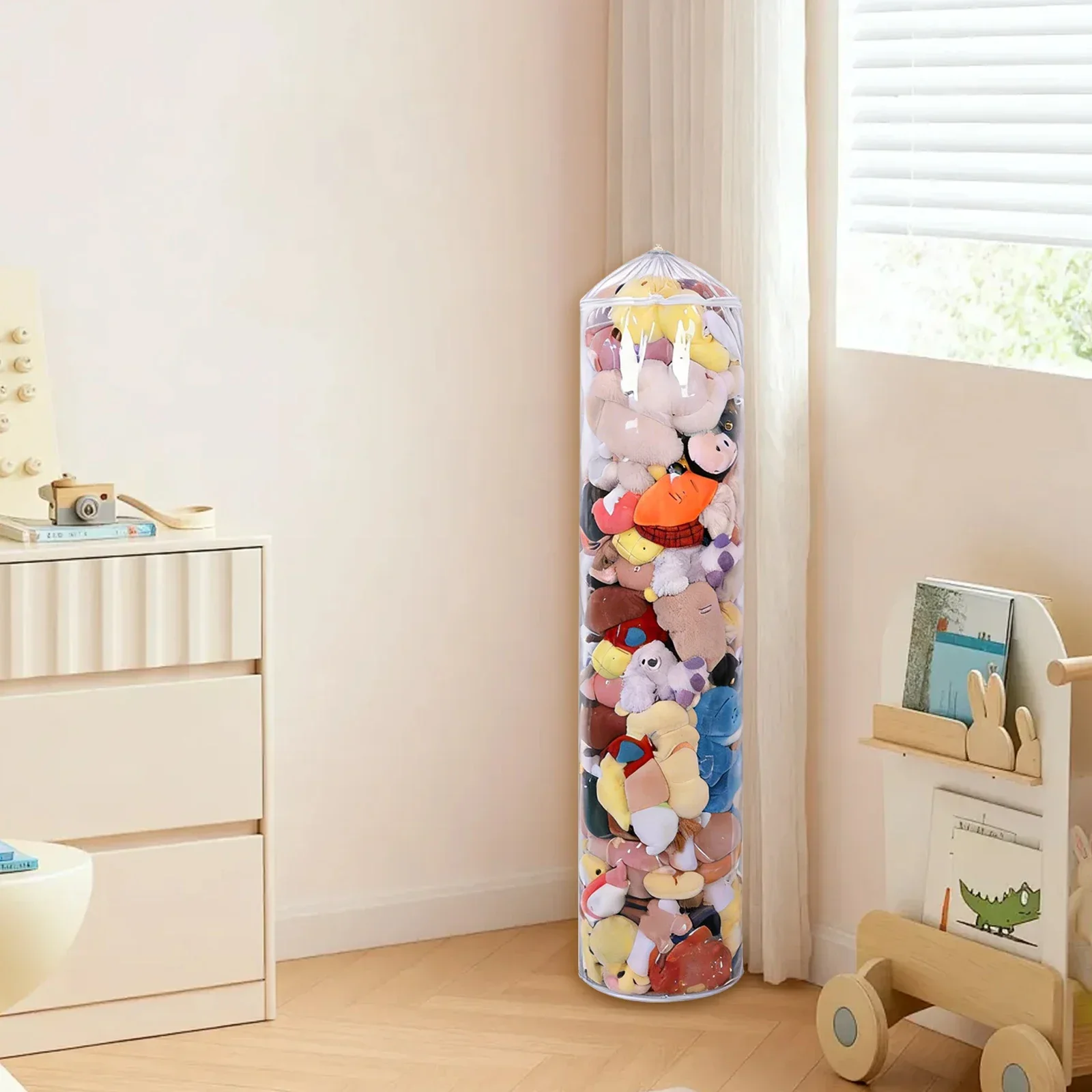 Cylindrical Plush Toy Storage Bean Bag  Cover with Zipper Clear Waterproof PVC Stuffed Animal Storage Bag for Kids Play Boxing