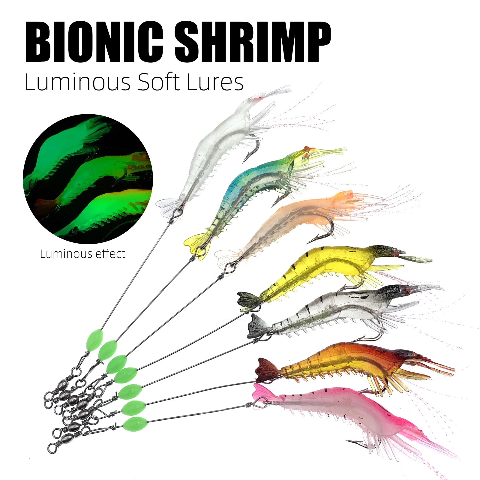 7pcs Soft Shrimp Lures with Sharp Hooks  Fishing Saltwater Luminous Shrimp Bait Set Fishing Lures for Freshwater Saltwater  Bass