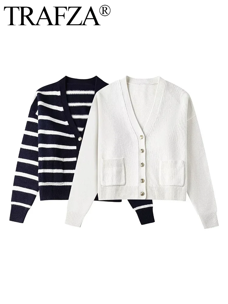 

TRAFZA Women's Sweater Spring 2024 V-Neck Long Sleeves Cardigan New Coat Elegant Luxury Designer Sweater Striped Knit Cardigan