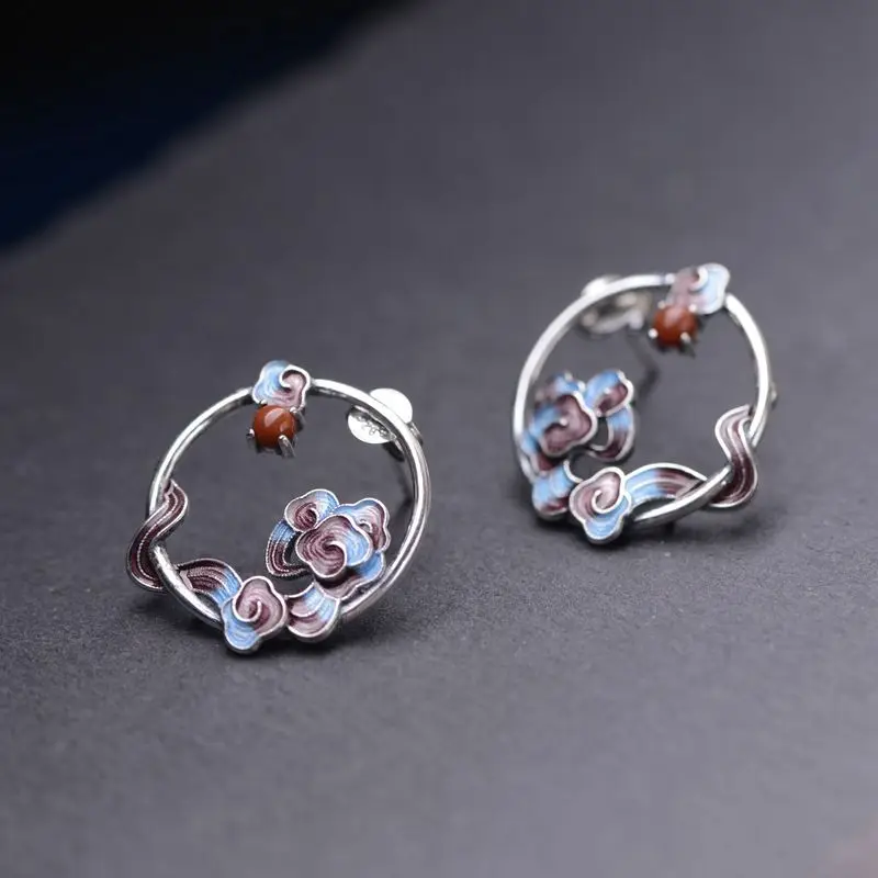 S925 Sterling Silver Vintage Cloisonne Enamel Agate Cloud Motif Stud Earrings Bohemian Ethnic Style Adjustable Gift for Women