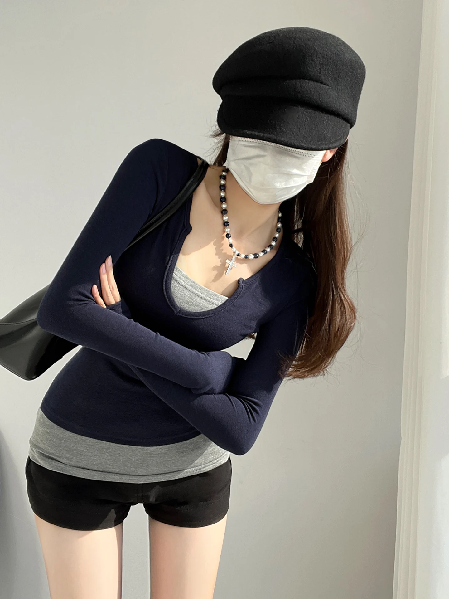 

Slim Fit Long Sve T-irt Women's Curved Design Sense Splice Color Blo Base irt Top Ci Walk Casual Sle High Waist