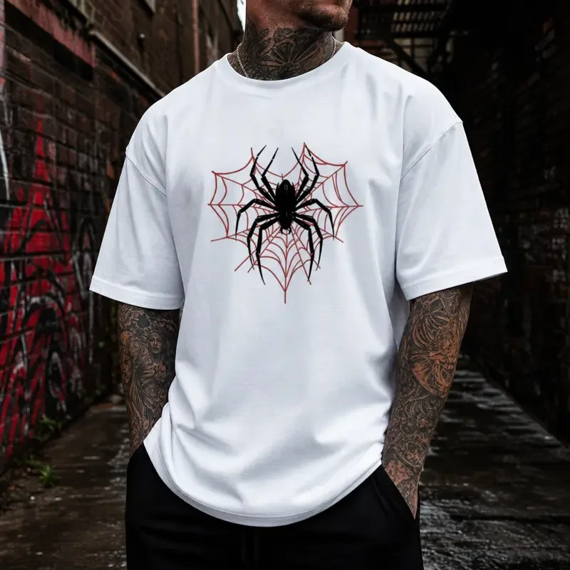 Men's Cotton Casual Breathable Cool Graphic Tee - Spider Web Front Print, Arachnid Art Design, Short Sleeve Menswear Tops, September Back to School Halloween Birthday Gift