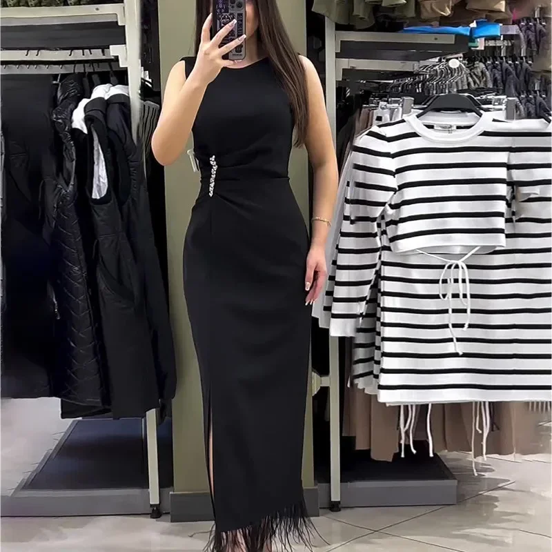 

Dress Women Sexy Tassel Long Dress Sleeveless Slim Fit Wrap Hip Round Neck Elegant Splice Sheath Vestidos Solid Summer