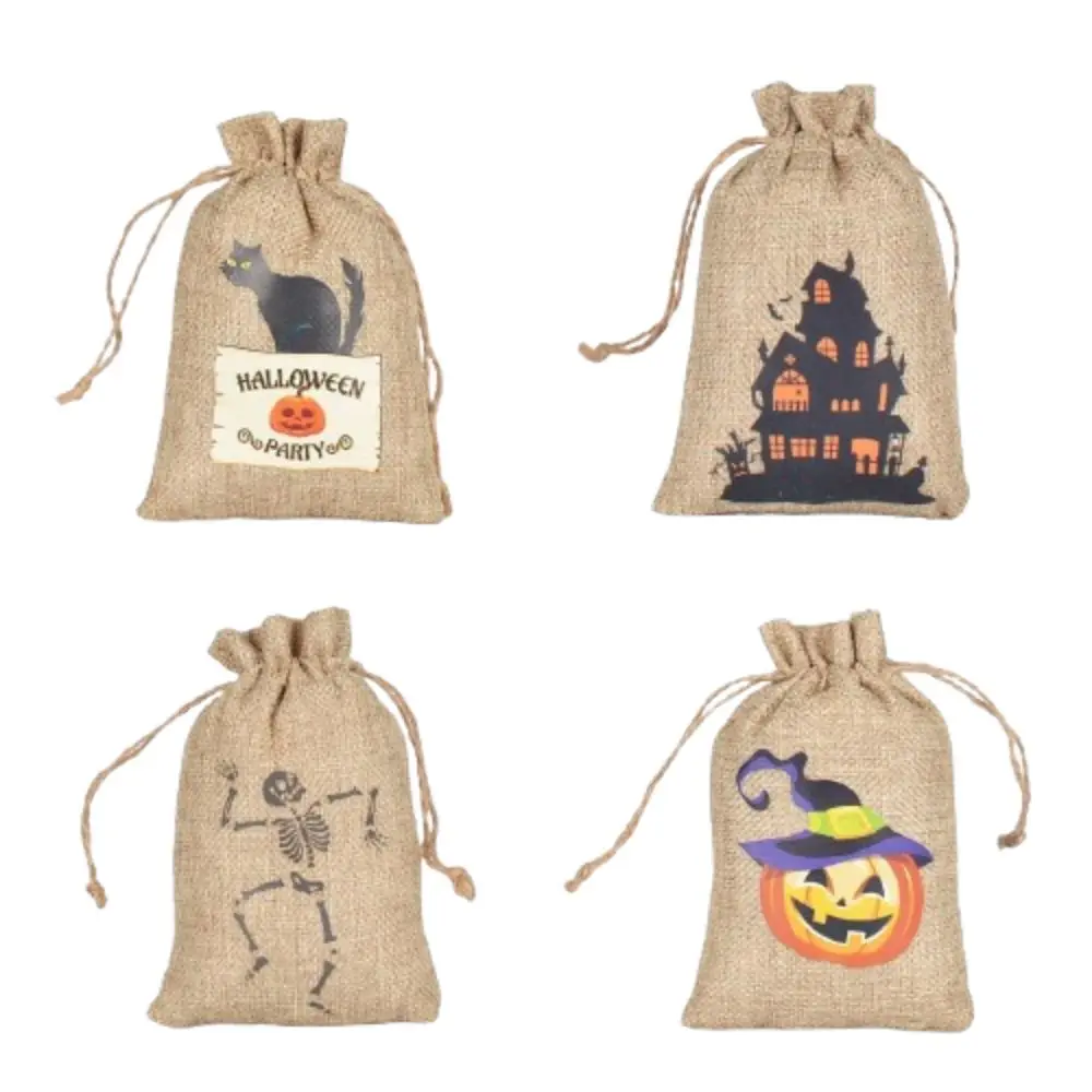 Bolsa con cordón para Halloween, paquete de lino con estampado de calabaza, fantasma, creativo, vacío, plano, 5 piezas