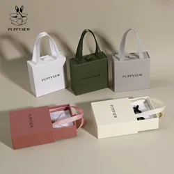 PUPPYSEW50 Set 9×9cm Handheld Ribbon Box Jewelry Box with Gold Foil Logo, Personalized Drawer Paper Box Customizable Logo