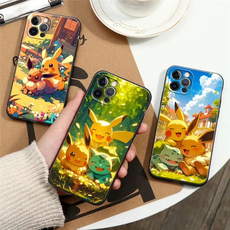 

Phone Case For Apple iPhone 16 15 14 13 12 11 Pro Max XR XS Max 8 Plus SE Back Cover Happy Pokemon Eevee Bulbasaur Pikachu Cases