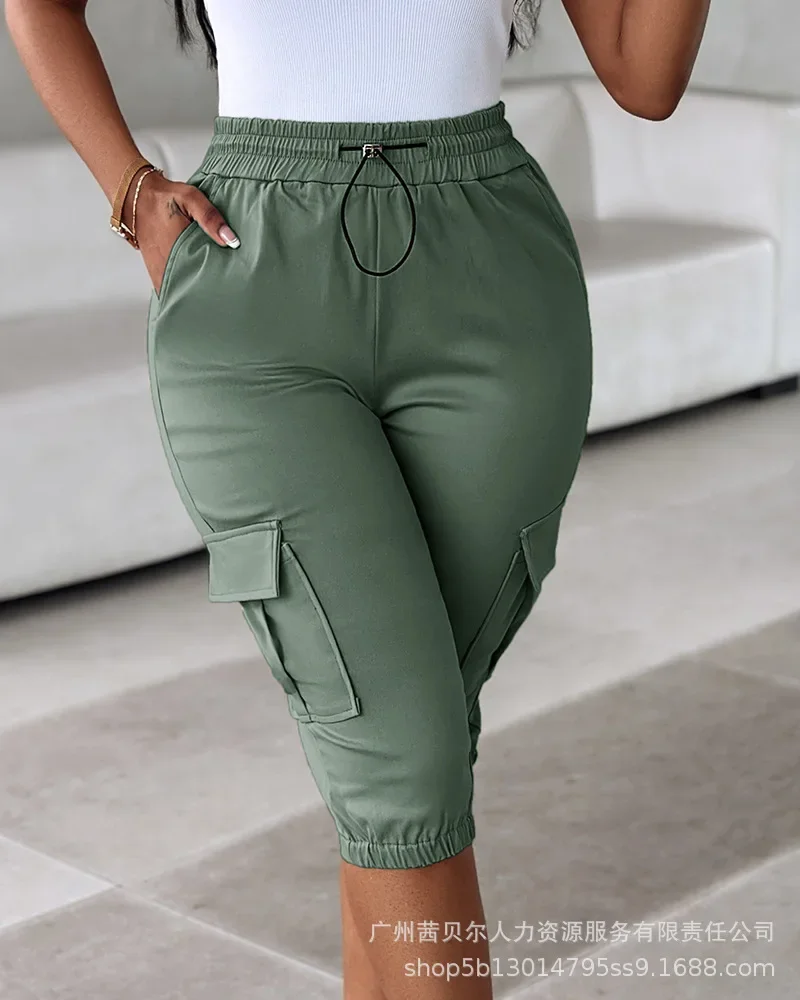 

Pocket Elastic Cropped Pants Skinny Khaki Cargo Short Pants Women Summer Casual Patch High Waist Pockets Pants Capris