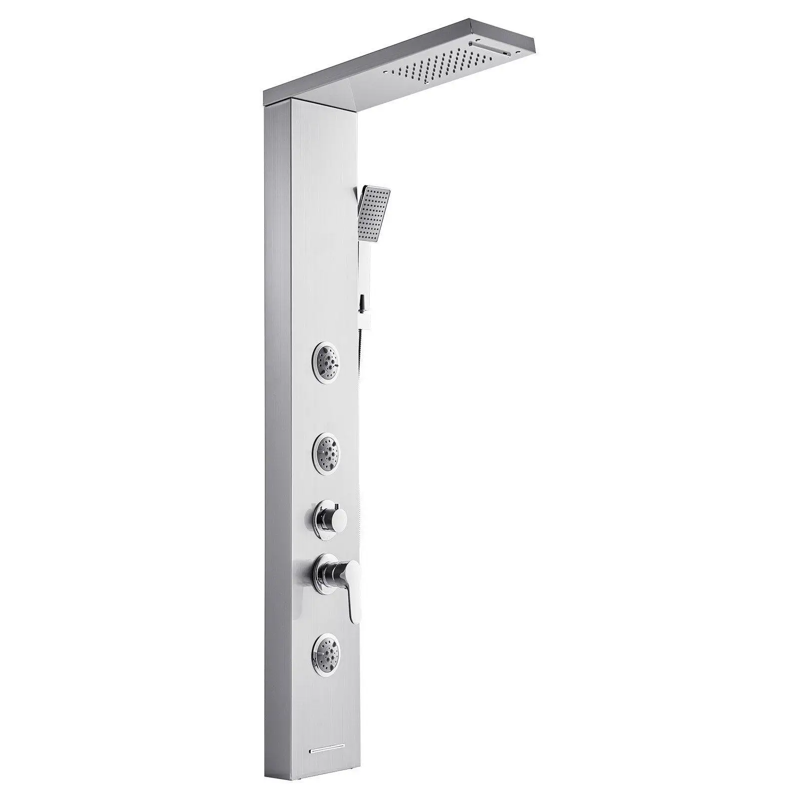 

53in Brushed Stainless Steel Shower System with Rainfall, Waterfall, 3 Body Jets, Handheld, Tub Spout, 5-Way Valve