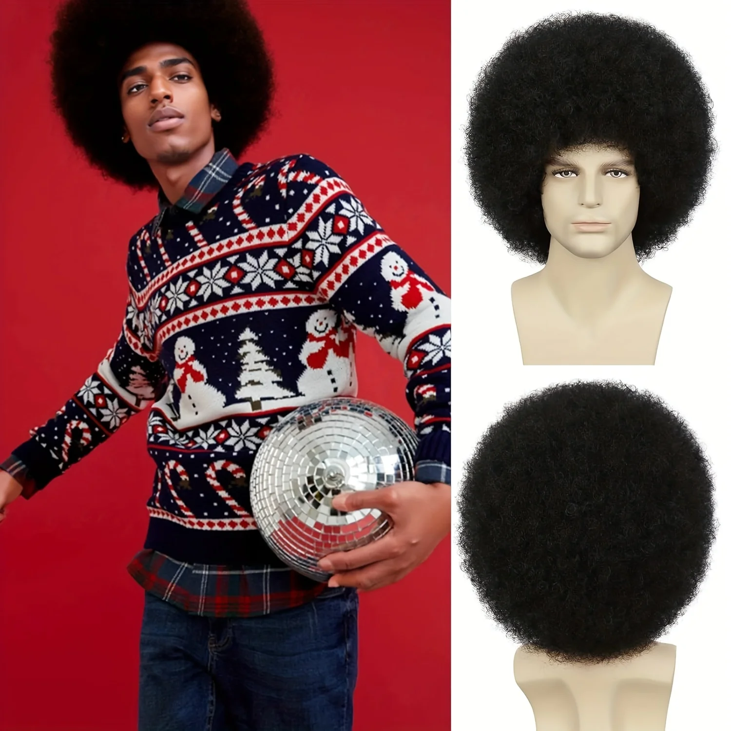 

70S Black Synthetic Fiber Wigs for Men and Women, Glue-Free, for Disco, Halloween Costume Parties, and Everyday Use