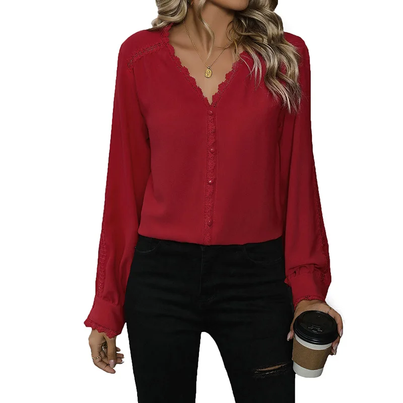 Autumn 2025 New Women's Fashion Romantic Elegant Temperament Commuter Dating Joker Top V-neck Long Sleeve Red Shirt Lady