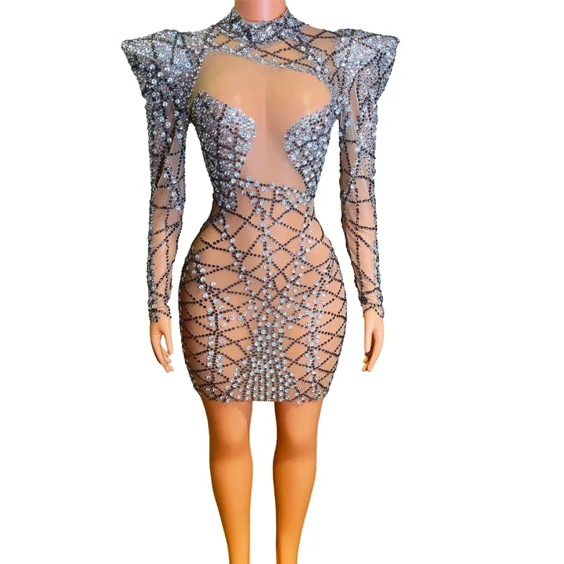 Volle Strass Kleid Sexy Mesh Transparent Kleid Frauen Abend Geburtstag Feiern Outfit Bühne Sängerin Tänzerin Kostüm XS6086