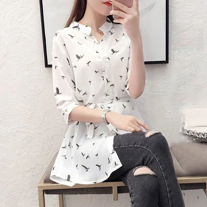 Female Clothing Fashion Printed Blouse Elegant Waist Drawstring Loose Summer Casual Half Sleeve Korean Single-breasted Shirt New