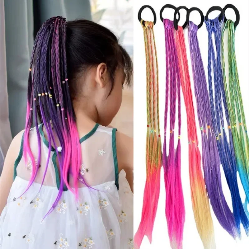 Heallor 1pc Gradient Synthetic Hair Ponytail Rope Tie Girl Colorful Braid Princess Color Tail Wig Children's Braider Styling Acc