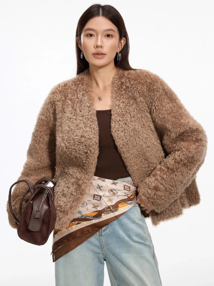 

High-end Luxury Lacon Lamb Fur Shearling Jackets for Women 2025 New Simple V-neck Winter Genuine Leather Real Fur Lambswool Coat