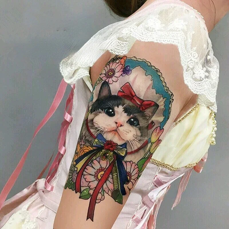 

Cartoon Temporary Tattoos Cute Maid Cat Big Size Tatto Waist Arm Body Art Waterproof Transfer Fake Tatoo Sticker for Woman Men