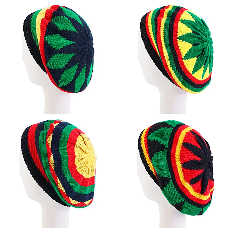 New Winter Knitted Beret Cap For Mens Women Jamaican Rasta Knit Beanie Hat Multi-colour Leaves Hip Hop Fashion Haircover