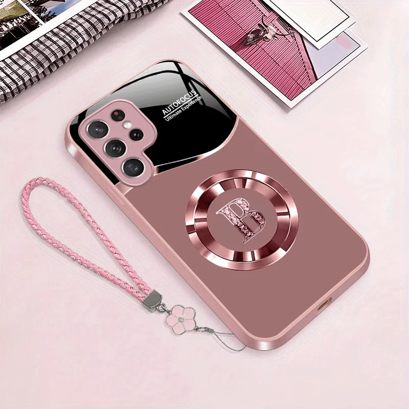 Pink black diamond studded B-pattern glass phone case suitable for Samsung Galaxy S26 S25 S24 S22 S21 S20FE/Ultra/Plus anti drop