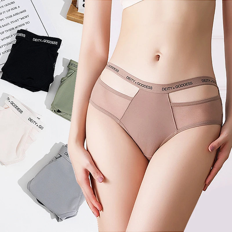 3 letters hollow transparent sexy underwear ladies ice silk mid-waist underwear girls fashion pure cotton file sports