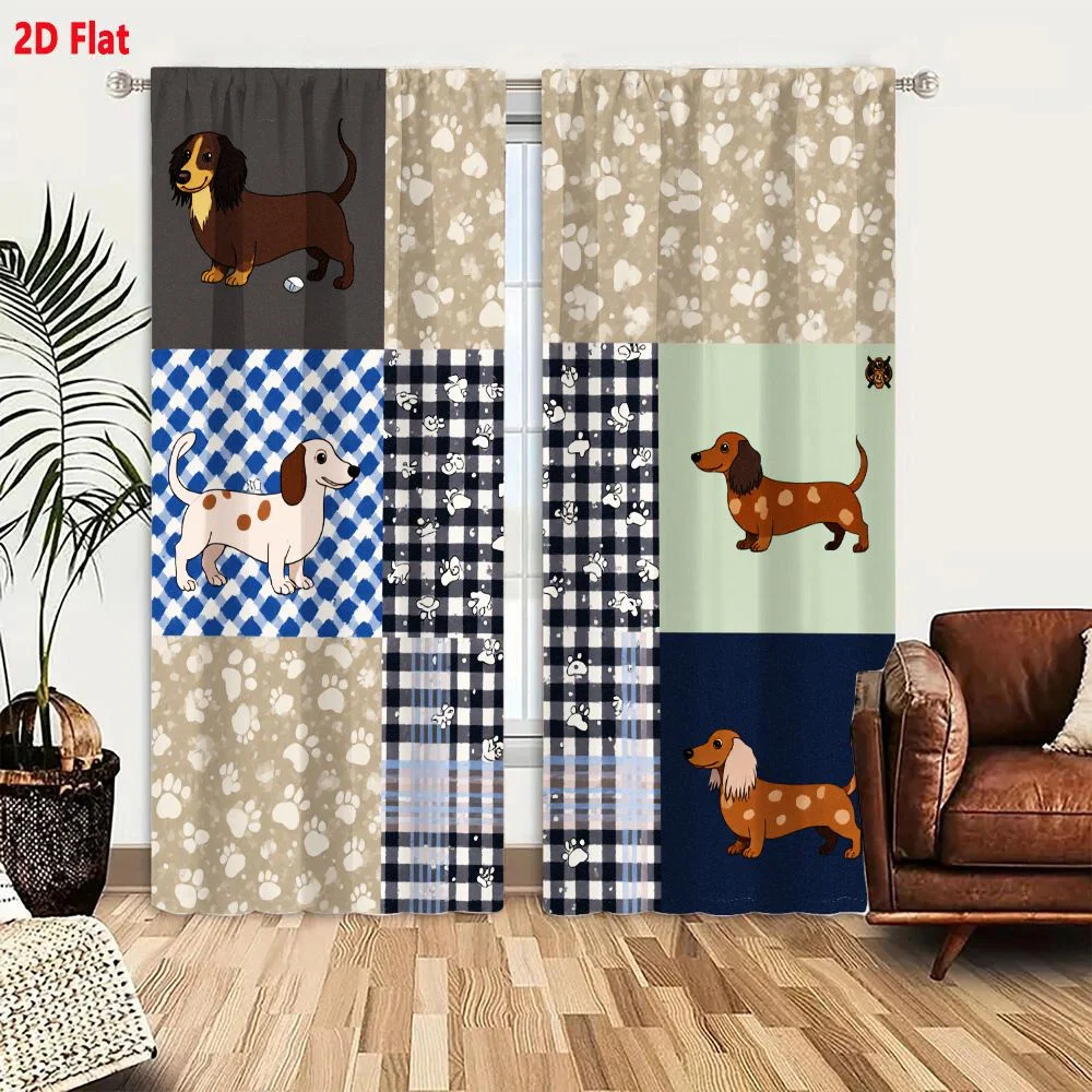 2Pcs Curtains 2D Flat Colorful Dachshund & Paw Print Pattern Tiled Wallpaper Fabric Design (6 Sections: Brown Tan Dachshund, Egg
