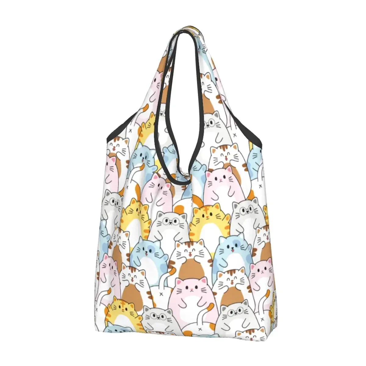 Large Reusable Cute Colorful Cat Cartoon Grocery Bags Recycle Foldable Heavy Duty Kawaii Happy Meow Shopping Tote Bag Washable