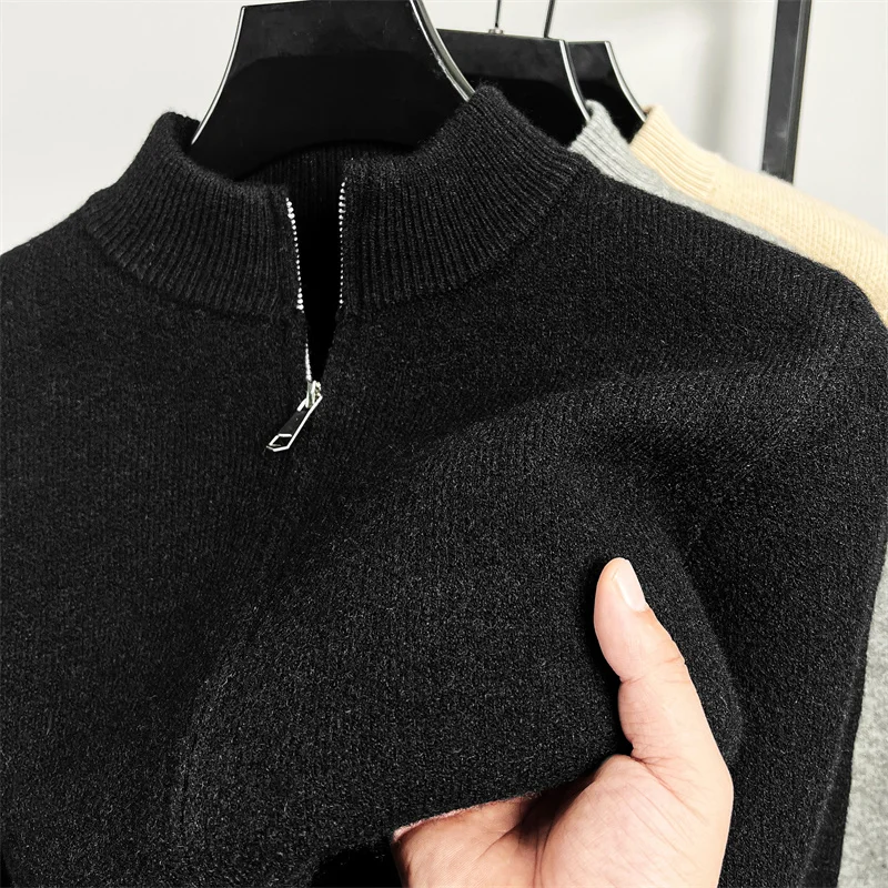 Autumn and Winter Men\'s Solid Color Classic Design Business Zipper Cardigan Korean Style Lapel Long-sleeved Wool Coat Top