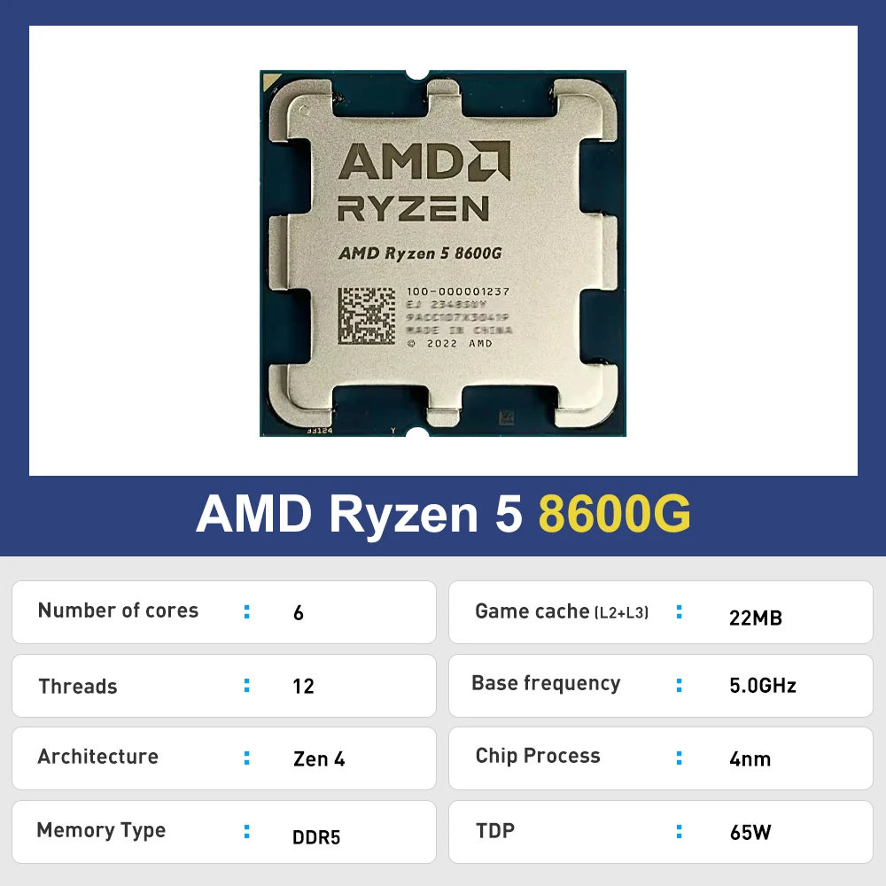 New AMD Ryzen 5 8600G 6-Core 12-Thread R5 8600G 5.0GHz 4NM DDR5 Socket AM5 CPU Integrated Graphics Radeon 760M 8CU but no fan