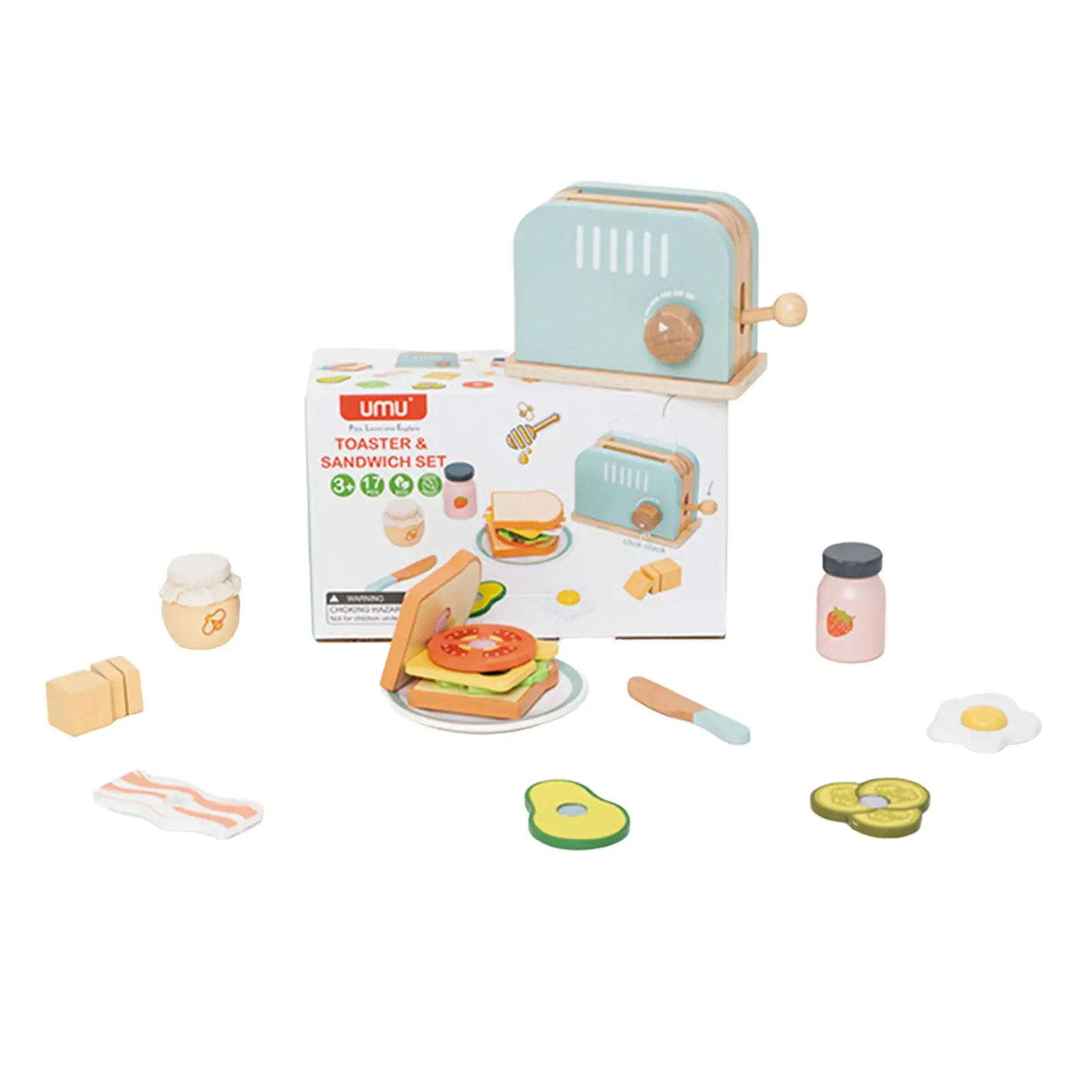 Brotbackautomaten-Spielzeug, zum Spielen, Essen-Set, Frühstücksspielset, Spielküchenzubehör, Küchenspielzeug aus Holz für Mädchen und Jungen