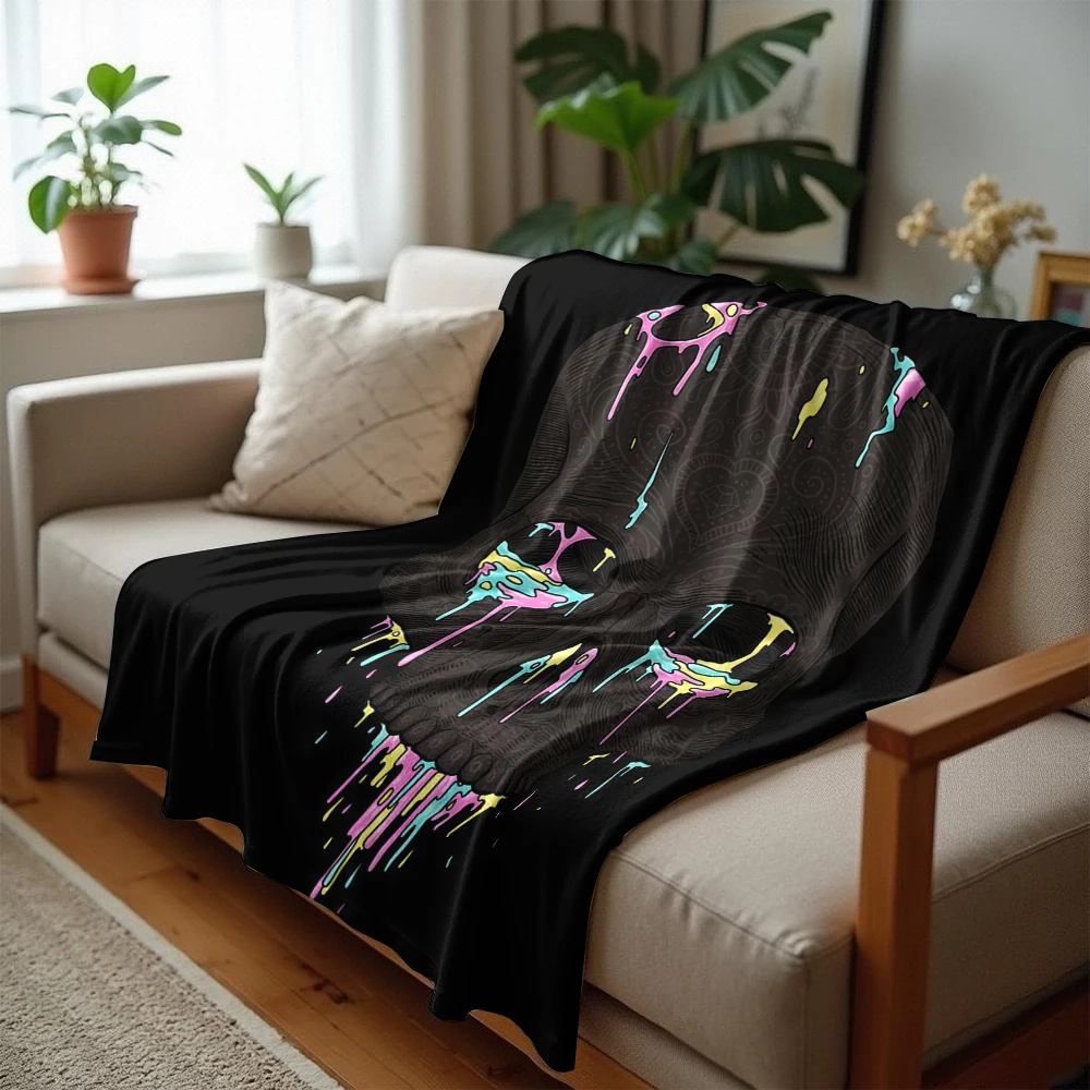 Color Skull Cartoon Anime Print Flannel Blanket Soft Warm Throw for Kids Bedroom Sofa Bed Christmas Office Car