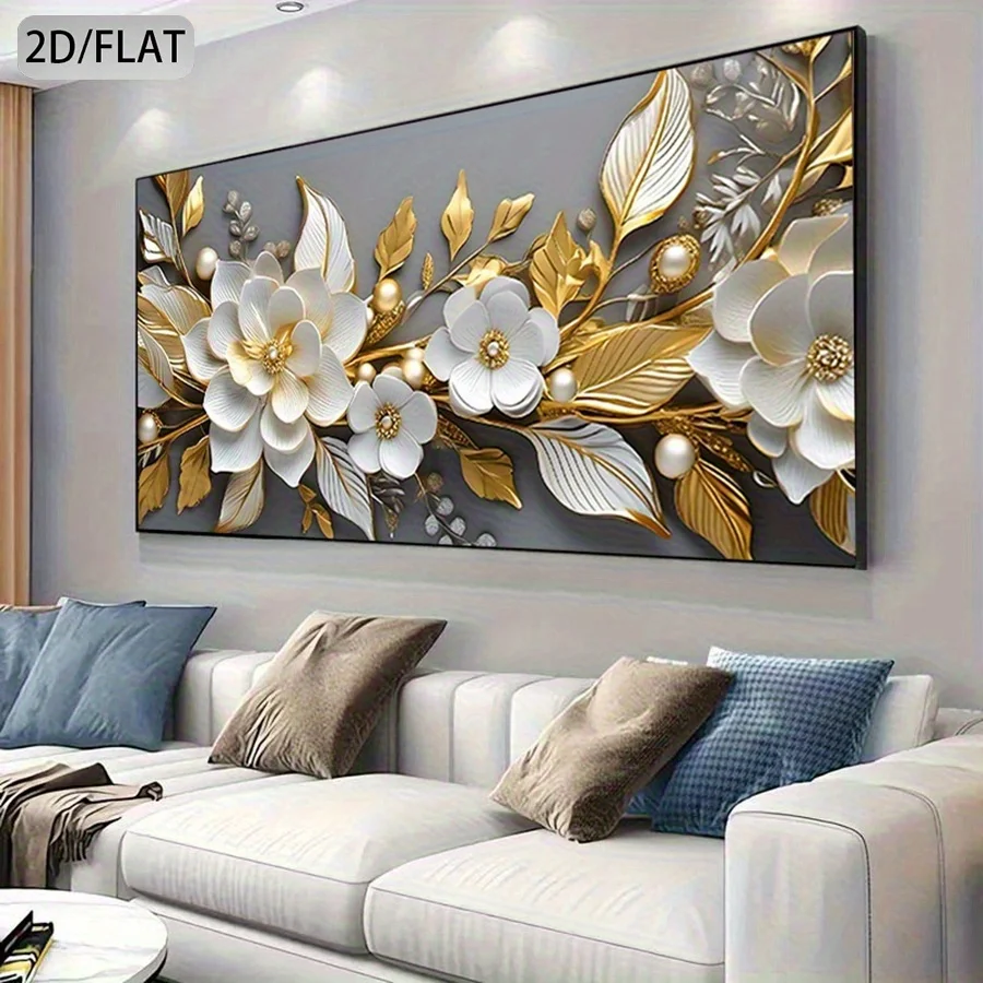 مسطح ثنائي الأبعاد، كبير وحديث بدون إطار - تصميم الأزهار البيضاء والذهبية، طباعة عالية الجودة، داخلي/خارجي لديكور غرفة المعيشة