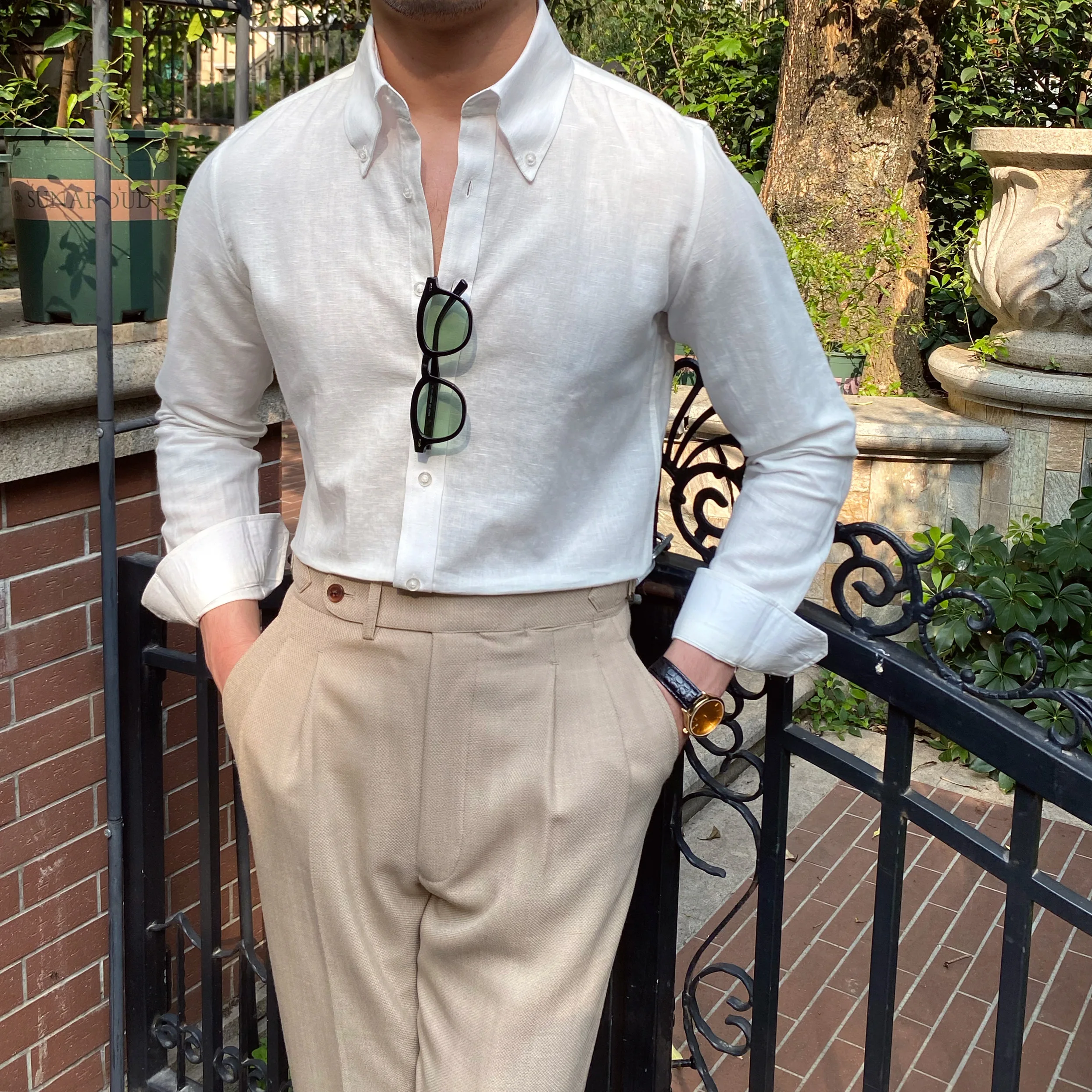 

Korean British style light luxury casual shirt thin slim linen solid color retro shirt trendy men
