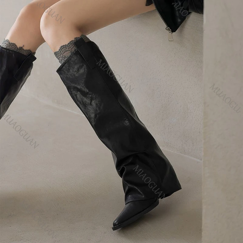 Autumn Winter New Thigh High Pants Tube Boots Chunky Heel Pointed Toe Fashion Women Shoe Pleated Retro Western Long Knight Botas
