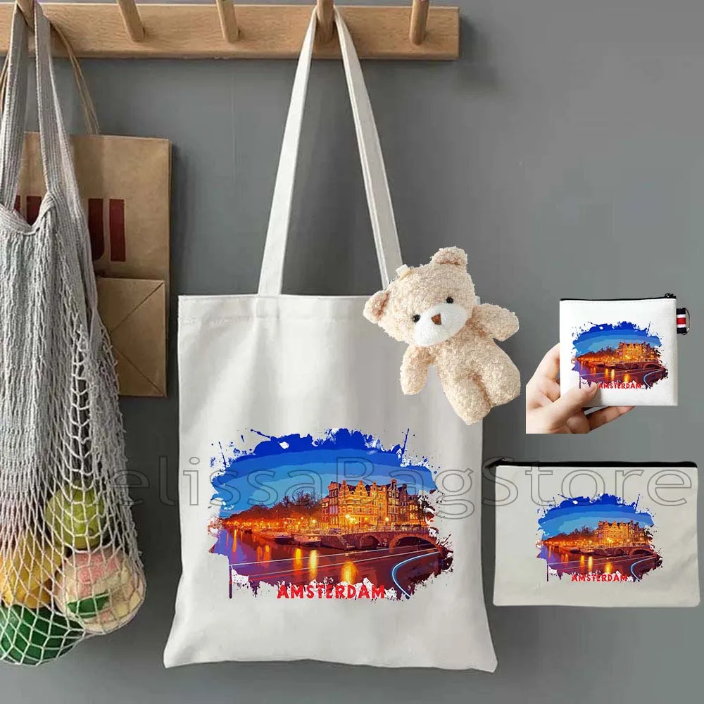 4PCS Gift Set Amsterdam Netherlands White Canvas Tote Bag Handbag with Doll Key Coin Purse Cosmetic Makeup Toilet Bag Case Pouch