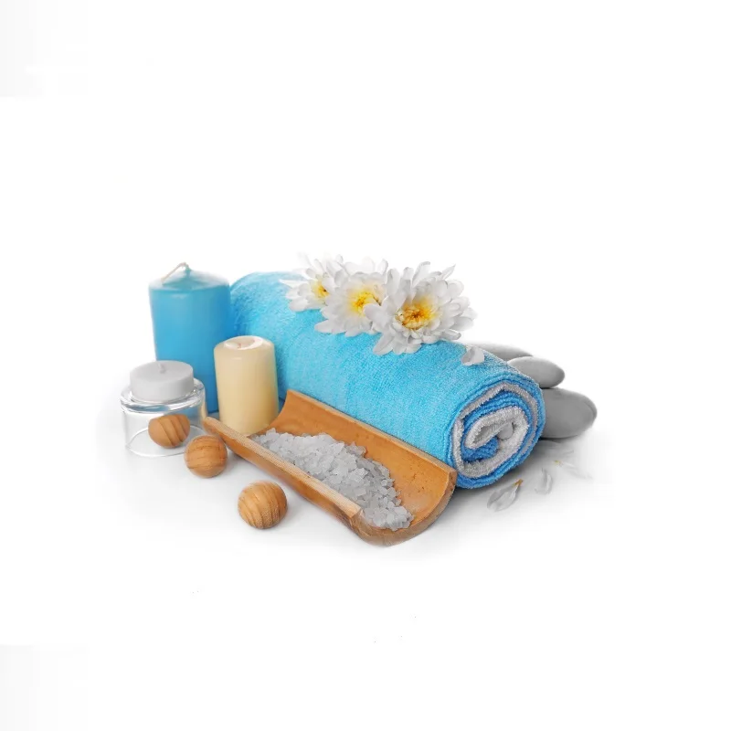 Spa items: blue towel, candles, salt, stones, and flowers, Art Print Canvas Poster, Living Room Decor, Home Wall Picture
