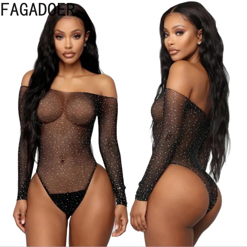 

FAGADOER Black Sexy Mesh Perspective Diamond Slim Bodysuits Women Off Shoulder Long Sleeve Slim Jumpsuit Fashion Bodycon Overall