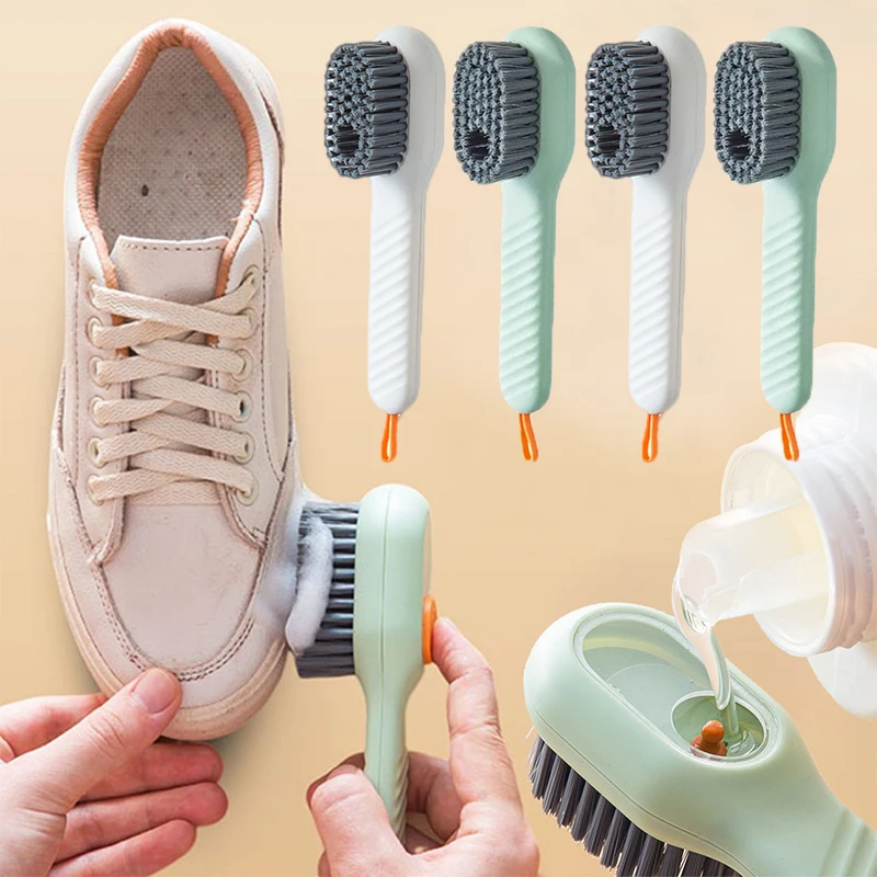 2pcs Multifunction Auto Soap Shoe Brushes Long Handle Brush Cleaner with Soap Dispenser for Clothes Shoes Home Cleaning Tools