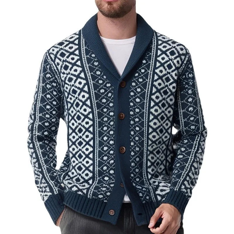 Casual Mens Sweatercoats Vintage Graphic Knitted Cardigan Jacket Coat Men Autumn Winter Fashion Buttoned Lapel Long Sleeve Coats