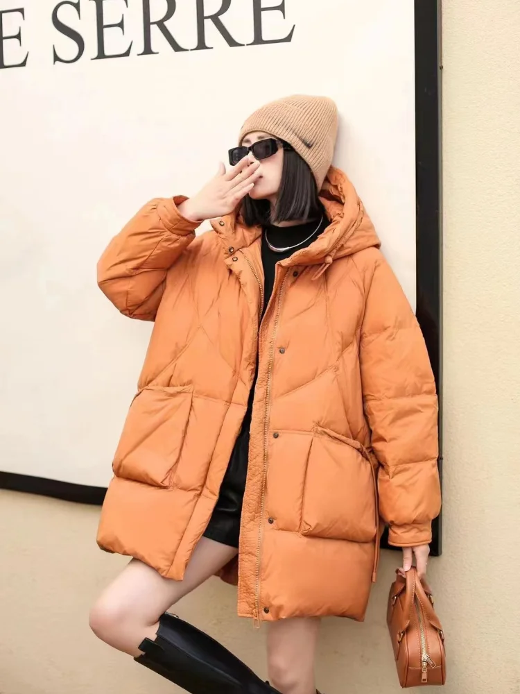 2024 New Winter Outerwears Women's Down Jacket Loose Thickened Hooded Parker Solid Color Casual Mid-length Female Puffer Jackets