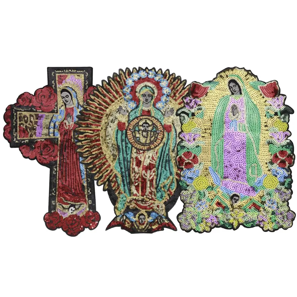 

Large Sequins Cross Rose Blessed Virgin Mary Goddess Embroidery Patches for Clothing DIY sew Stripes Applique Motorcycle Jack