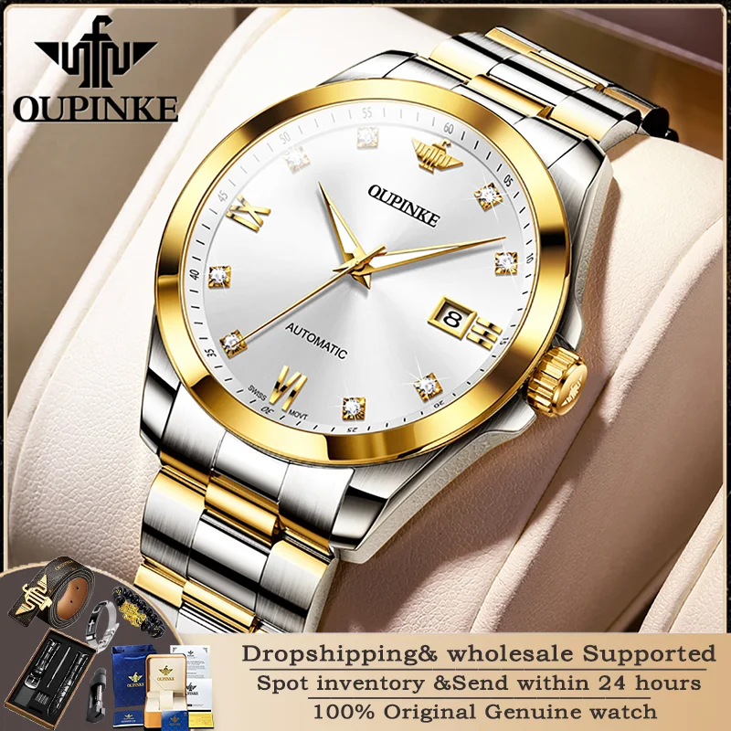 

OUPINKE 3199 Real Diamond Men Automatic Mechanical Watch Swiss Movement Luxury Brand Sapphire Mirror Men Watch Relogio Masculino