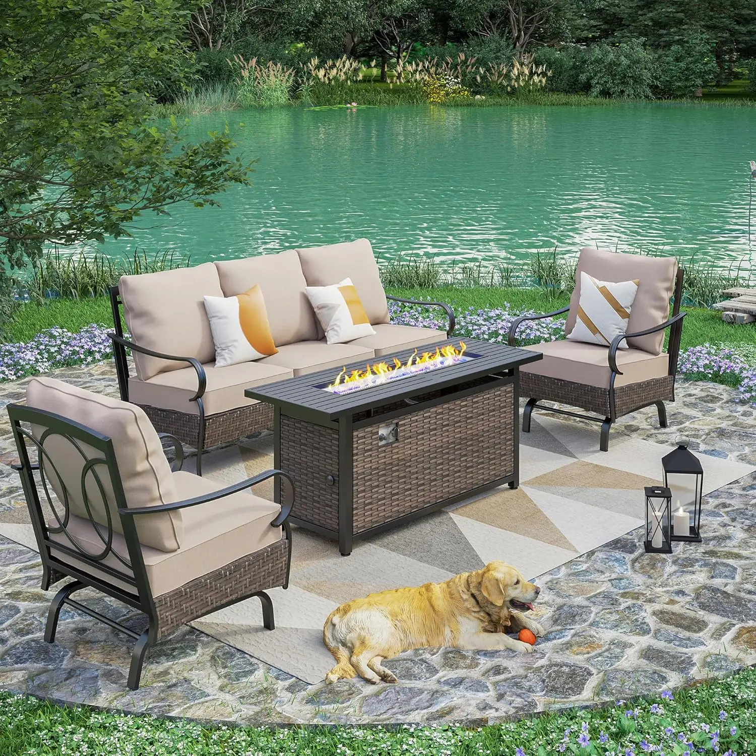 

Wicker & Metal Patio Furniture Set with 56" Fire Pit Table, 4 Pieces Outdoor Rattan Conversation Sofa Set