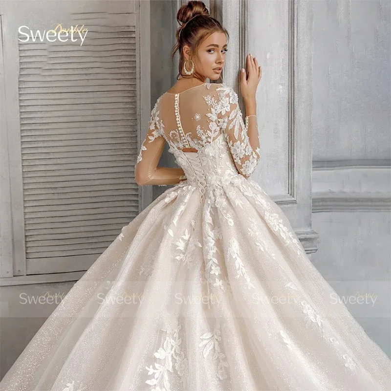 Luxury Wedding Dress Organza With Embroidery Lace Ballgown Train Full Sleeve O-Neck Bridal Dress Lace Up Button Vestido De Novia